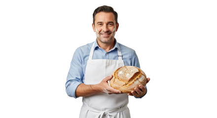 A smiling baker with a flour - dusted face holds a freshly baked loaf of bread showcasing his craft and passion for baking