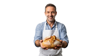Proud baker presents artisan bread Warm golden crust and a dusting of flour on the baker ' s smiling face Freshly baked for you !