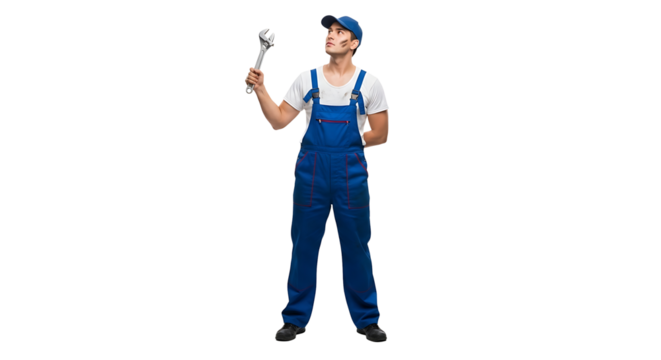 A blue - overalled mechanic gazes upwards while holding a wrench set against a stark black backdrop He is ready to fix the issue
