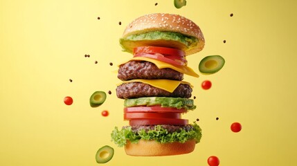 Delicious stacked burger with sesame seed bun, fresh vegetables, melted cheese, and avocado, floating against a vibrant yellow background, showcasing appetizing food presentation