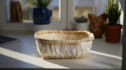 Natural woven basket on a windowsill