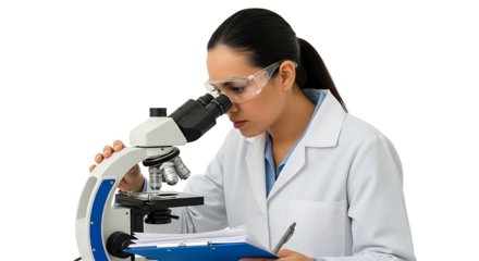 Scientist using microscope to research A woman in a white coat analyzing results Science and medicine concept Isolated on black background