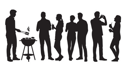 Silhouette of people at a barbecue party cooking food on the grill vector illustration isolated on white background