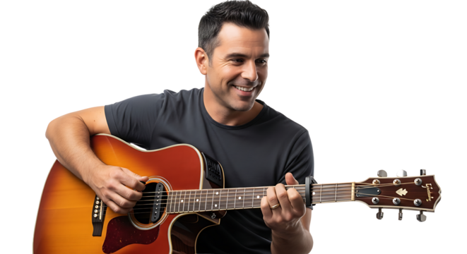 Smiling musician plays guitar with expertise creating music with a joyful expression in studio setting