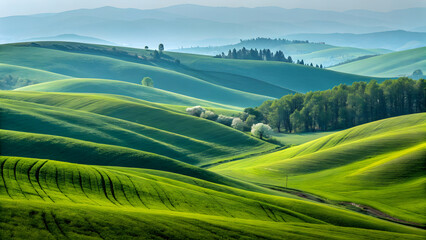 Rolling tuscan hills bathed in soft morning light lush green fields and distant trees under a hazy sky