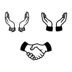 Fototapeta premium A set of hand gesture icons featuring cupped hands and a handshake. Hand gesture icons in a hand drawn style. Outline hand gesture icons.