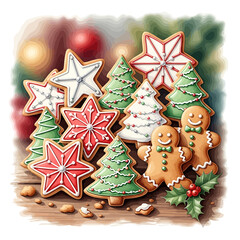 Obraz premium Watercolor Christmas cookies shaped as stars, trees, gingerbread men, festive holiday sweets and dessert illustration