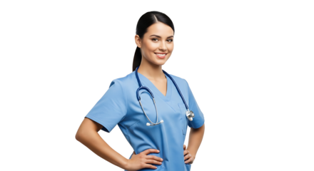 Portrait of a smiling nurse wearing blue scrubs and a stethoscope The healthcare professional poses with confidence and positivity