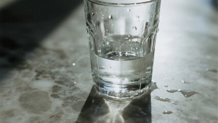 A clear glass of water with condensation droplets sits on a wet, reflective surface.
