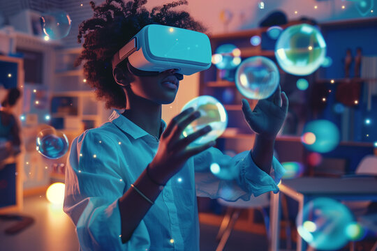 Student using VR headset & AI technology in smart classroom. Artificial intelligence, machine learning, virtual reality in education. Interactive learning, innovation, digital tools, futuristic school