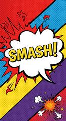 Obraz premium Dynamic comic pop art background with a powerful 'SMASH!' exclamation, featuring vibrant speed lines and explosive visual elements, ideal for energetic creative content and design