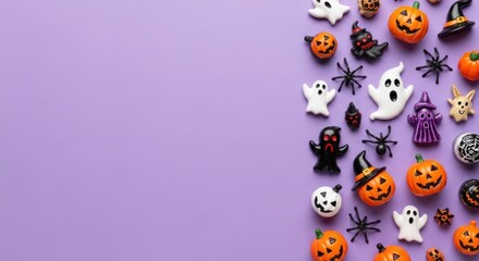 Halloween decorations featuring pumpkins ghosts and spiders on a purple background
