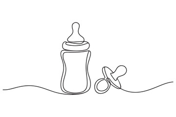 One continuous line drawing of baby feeding bottle and pacifier Baby milk bottle and pacifier outline vector illustration. one line Icon drawing with white background
