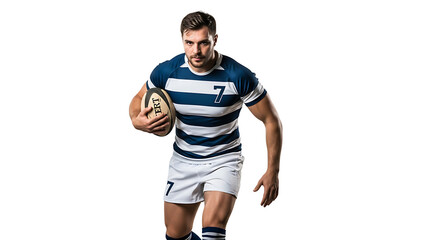 Focused rugby player sprints forward gripping the ball tightly in hand poised for action against a stark black backdrop