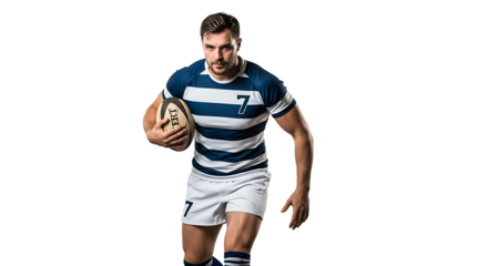 Focused rugby player sprints forward gripping the ball tightly in hand poised for action against a stark black backdrop