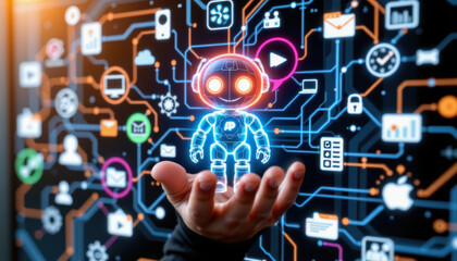 Fototapeta premium Futuristic robot, artificial intelligence, glowing circuit, digital network, technology innovation, human hand