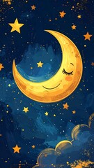 Cartoon moon sleeping in night sky