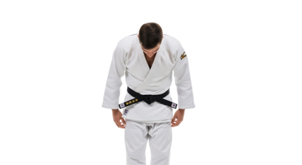 Judoka bowing in respectful gesture The figure is dressed in traditional white uniform with a black belt against a black background