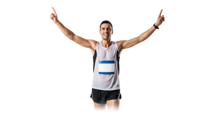 Triumphant runner crossing the finish line with arms raised in victory filled with joy and elation at his achievement