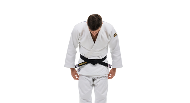 Judoka bowing in respectful gesture The figure is dressed in traditional white uniform with a black belt against a black background