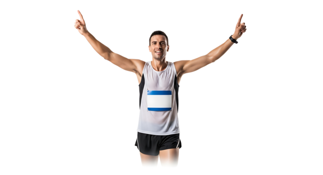 Triumphant runner crossing the finish line with arms raised in victory filled with joy and elation at his achievement