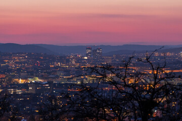 Brno, Czech Republic - March 29, 2025: View of the city from above at night. Evening city panorama. Špilberk Castle
