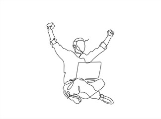 Continuous line drawing happy businessman in front of laptop raising hands. Happy cheering young man with a laptop. Concept of Business Success. Hand drawn one line vector. Editable stroke	