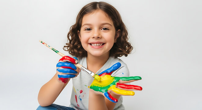 Children's day happy little girl painting with vibrant colors creative art project for kids fun activity art education