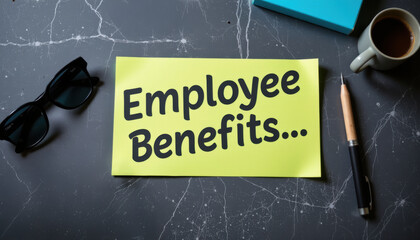 Employee benefits concept, yellow paper, office desk, coffee, pen, sunglasses, workplace motivation