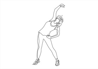  Woman is depicted in a continuous line drawing, performing a stretching exercise isolated on white background. Hand drawn one line vector. Editable stroke	