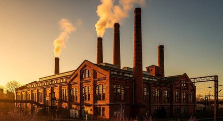 Classic red brick factory and tall chimneys under warm golden light, symbolizing industrial heritage
