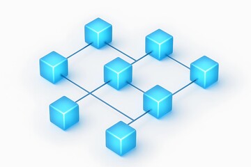 3D Blue Glowing Cubes Connected by Lines on White Background &ndash; Minimal Blockchain Network Illustration