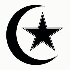 Black colour Crescent moon and star silhouette vector illustration, solid white background (1).eps