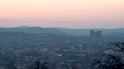 Brno, Czech Republic - March 29, 2025: View of the city from above at night. Evening city panorama. Špilberk Castle