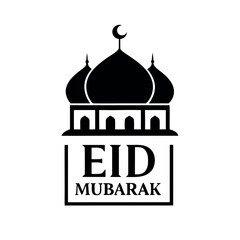 Black colour Eid Mubarak typography with mosque silhouette vector illustration, solid white background (6).eps
