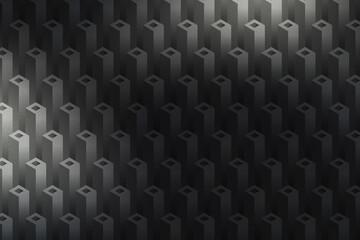 Fototapeta premium Illustration of a dark, textured background featuring a repeating pattern of isometric 3d cubes with a subtle light source creating shadows and highlights, evoking a sense of depth and abstract design
