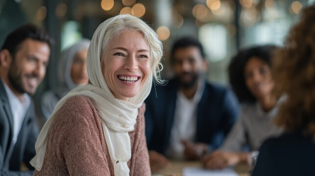 Smiling female CEO leading a diverse team meeting, inclusive leadership, professional yet authentic scene.