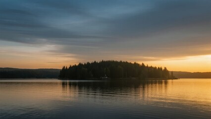 Fototapeta premium Sunset over a forested island in a calm lake with reflective water and dramatic sky