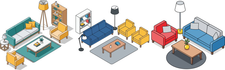 Three varied isometric layouts of living room furniture, showcasing sofas, armchairs, coffee tables, lamps, and bookshelves, presented on a white background