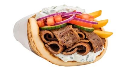 Savory delight : A pita wrap bursting with seasoned meat crisp vegetables creamy sauce and golden fries ready to be enjoyed