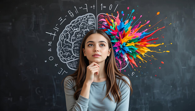 Pensive Young Woman Under Left and Right Brain Concept on Chalkboard with Colorful Splatter, Excellent for Mental Health, Education, or Creative Thinking Articles