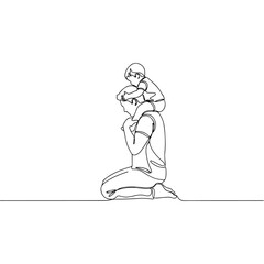 A father kneels with his child sitting happily on his shoulders continuous line art.