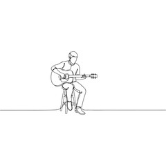 A minimalist line drawing of a person playing an acoustic guitar while sitting on a stool.
