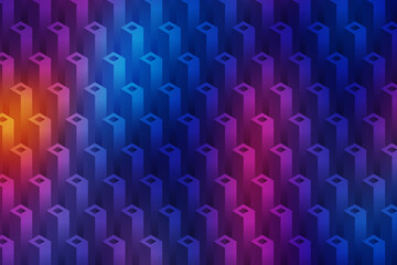 Obraz premium Illustration of abstract geometric pattern with a gradient of orange to purple and blue, featuring a subtle textured overlay and repeating isometric blocks for a modern design
