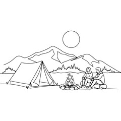 Camping couple enjoying campfire near tent and mountains.