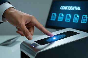 Man scan fingerprint biometric identity to work. Fingerprint scan sensors to record company attendance time and after work, Time recorder attendance, identity verification or electronic signing