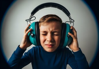 Autistic child boy with oversized noise cancelling headphone covering ears and grimacing with closed eyes showing auditory pain and sound hypersensitivity under bright neutral background