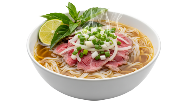 Delicious beef noodle soup in a white bowl Fresh basil lime and onion add to the savory flavor Steaming mouthwatering dish