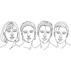 Minimalist Line Art Portrait of Four Diverse Individuals.