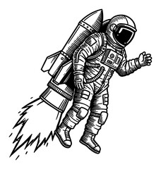 Obraz premium Astronaut Flying with Rocket Jetpack Engraving Black and White Outline Line Art Drawing Vector Illustration